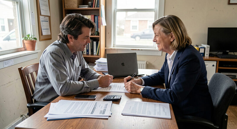 Two advisers going through funding paperwork with a business owner in a small office.