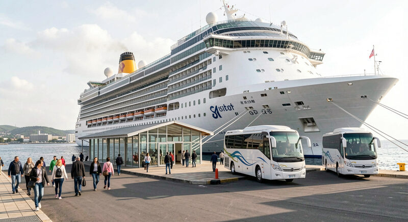 A large cruise ship moored at a quay with passengers walking ashore towards a low visitor centre.