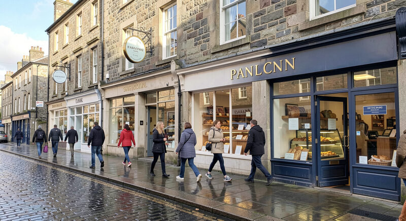 Shoppers walking past stone shopfronts on a Scottish town high street on a bright morning.