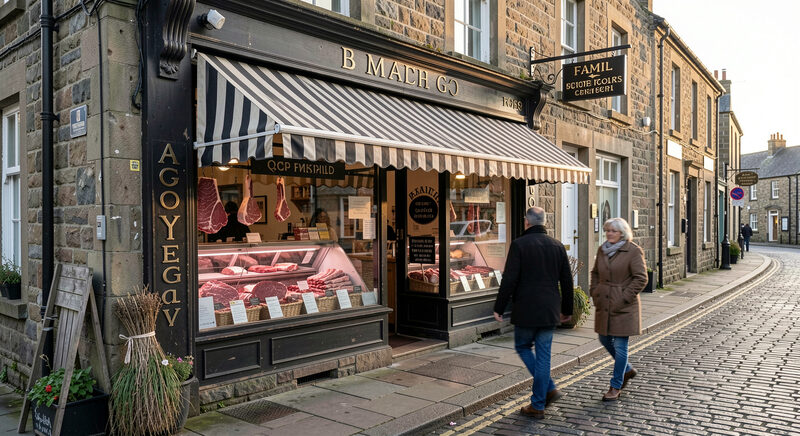 A family butcher shop window display with a striped awning on a stone built Scottish street.